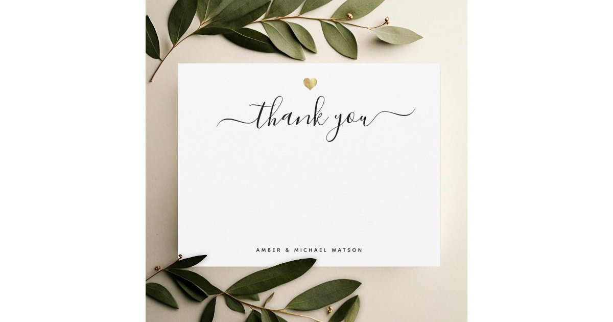 Modern Gold Heart Thank you Script Note Card | Zazzle