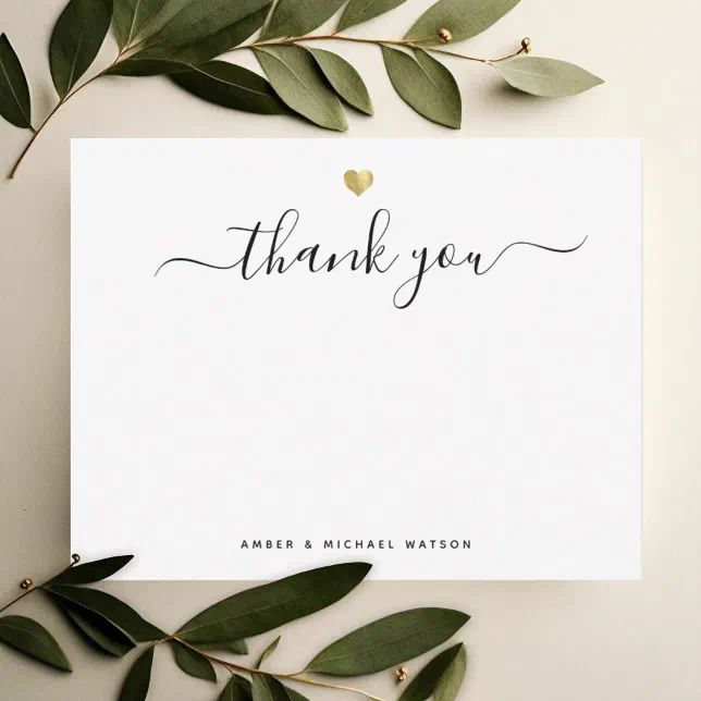 Modern Gold Heart Thank you Script Note Card | Zazzle