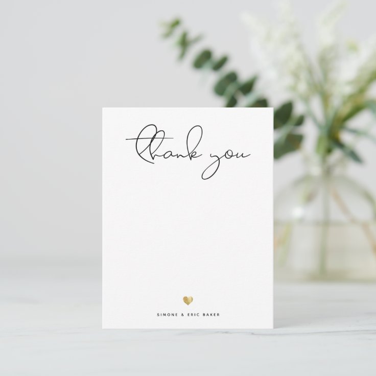 Modern Gold Heart Thank you Script Note Card | Zazzle