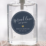 Modern Gold Heart Wedding Favor Hand Sanitizer Classic Round Sticker<br><div class="desc">Custom-designed bridal shower/wedding party hand sanitizer favor labels/stickers featuring "spread love not germs" in modern hand calligraphy with gold glitter heart design. ( This is the white text on dark background version with editable color. )</div>