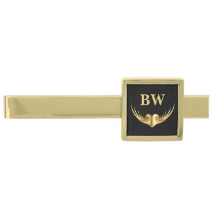 Modern Gold Heart & Wings Monogram Mens Gold Finis Finish Tie Bar
