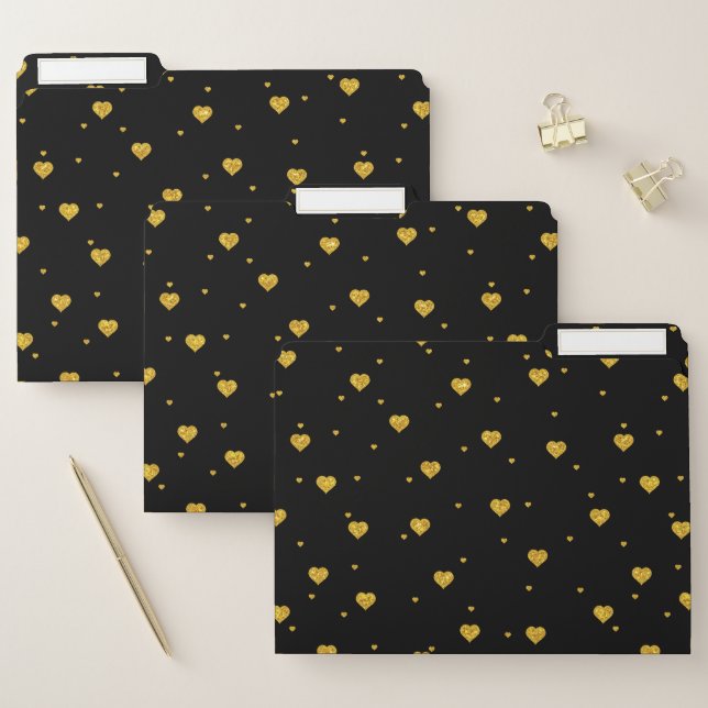 Modern Gold Hearts Pattern On Black File Folder (Set)