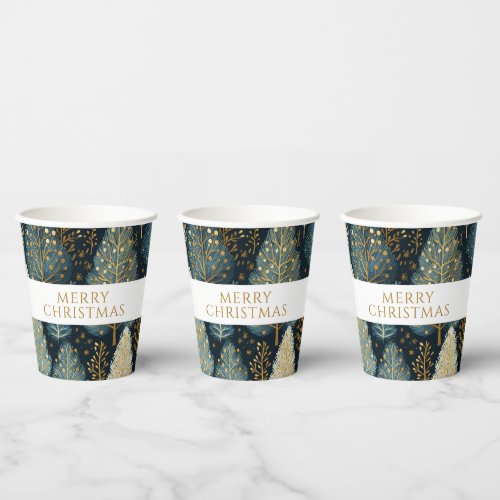 Modern Gold Holiday Forest Merry Christmas Paper Cups