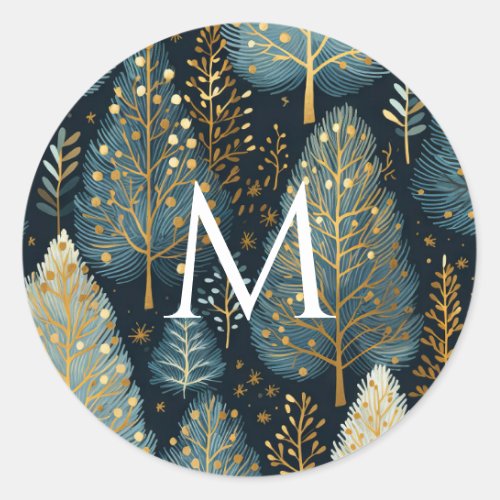 Modern Gold Holiday Forest Monogram Christmas Classic Round Sticker