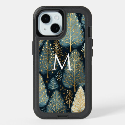 Modern Gold Holiday Forest Monogram Christmas iPhone 15 Case