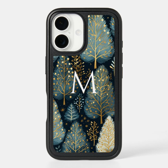 Modern Gold Holiday Forest Monogram Christmas Otterbox iPhone Case (Back)