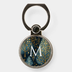 Modern Gold Holiday Forest Monogram Christmas Phone Ring Stand