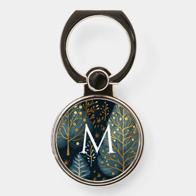Modern Gold Holiday Forest Monogram Christmas Phone Ring Stand (Front)