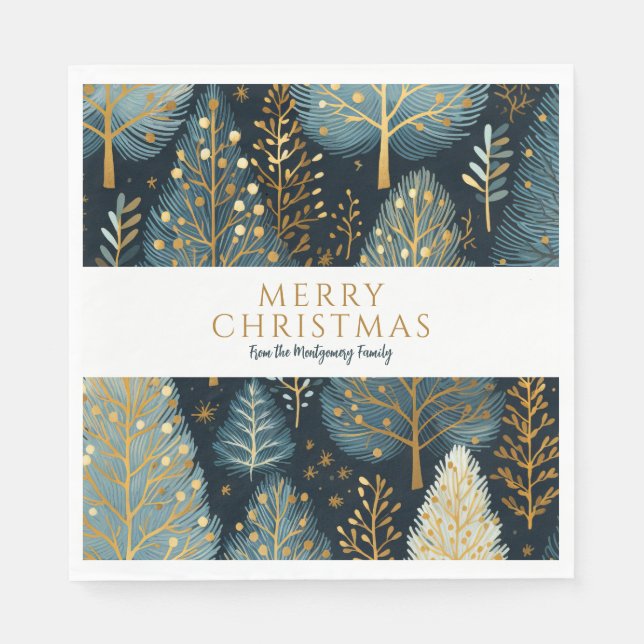 Modern Gold Holiday Forest Personalized Christmas Napkins (Front)