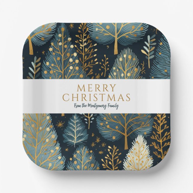Modern Gold Holiday Forest Personalized Christmas Paper Plates (Front)