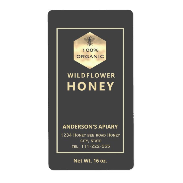 Modern gold honey bee honey jar label (Front)