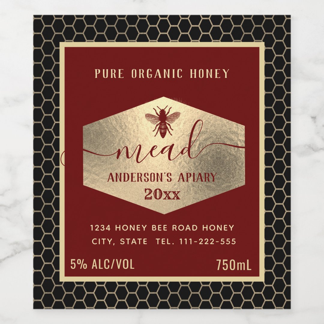 Modern gold honey comb mead honey bee wine label | Zazzle