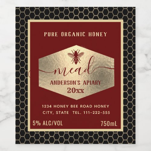 Modern gold honey comb mead honey bee wine label