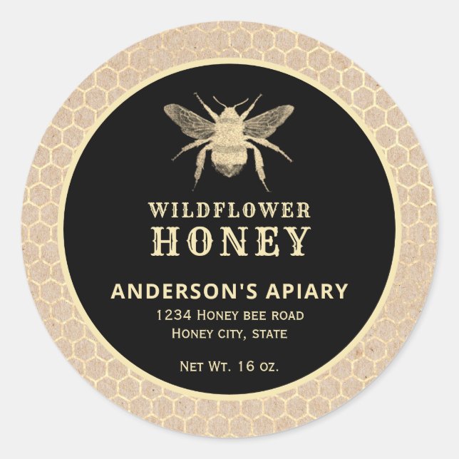 Modern gold  honeybee honey jar label (Front)