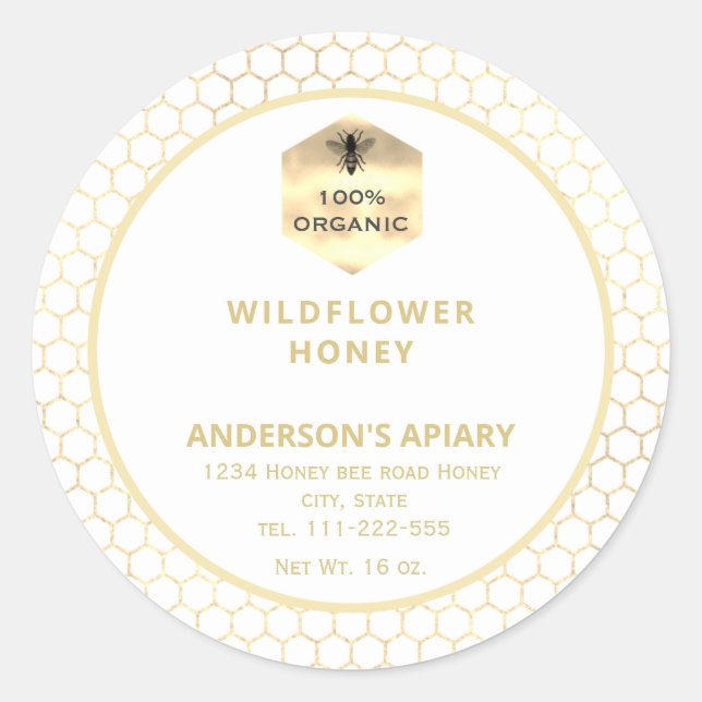 Modern gold  honeybee honey jar label (Front)