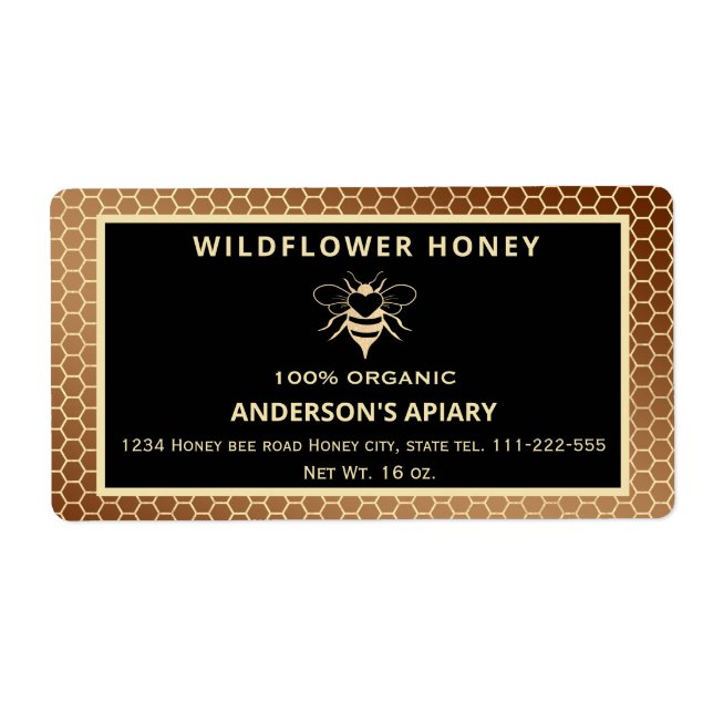 Modern gold honeybee honeycomb honey jar label (Front)