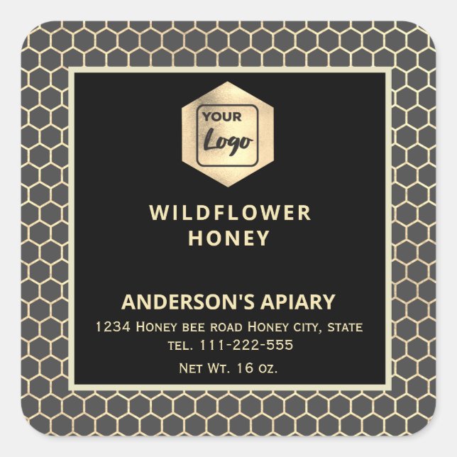 Modern gold  honeycomb honey jar label logo (Front)