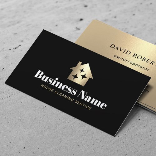 Modern Gold House Cleaning Maid Service Black Business Card