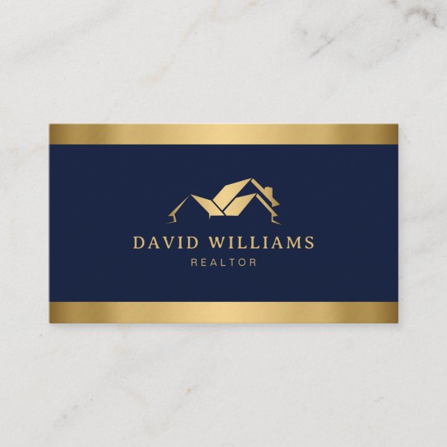Modern Gold House Logo Real Estate Navy Blue Business Card (Front)