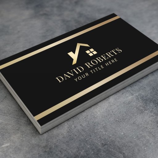 Customizable Modern Gold House Logo Real Estate Realtor Black Business Card
