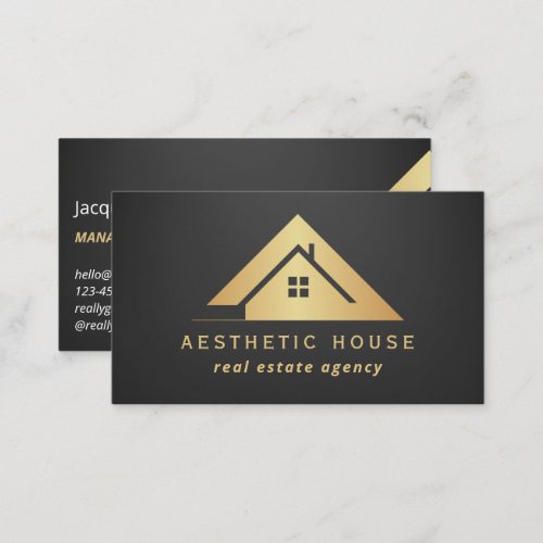 Modern Gold House Logo Real Estate Realtor black Business Card