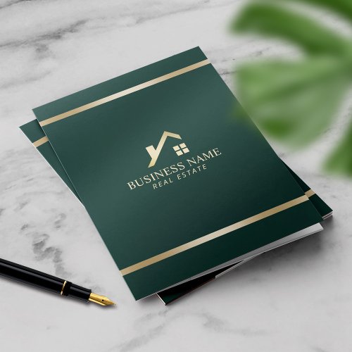 Modern Gold House Logo Real Estate Realtor Green Pocket Folder