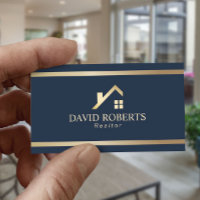 Modern Gold House Logo Real Estate Realtor Navy Business Card