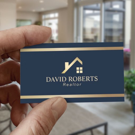 Customizable Modern Gold House Logo Real Estate Realtor Navy Business Card