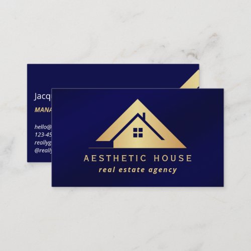 Modern Gold House Logo Real Estate Realtor Navy  Business Card