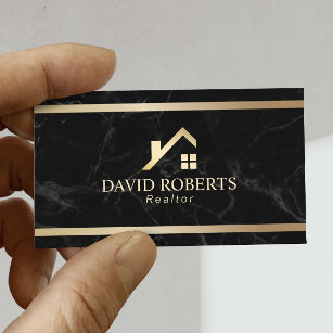 Modern Gold House Real Estate Realtor Black Marble Business Card