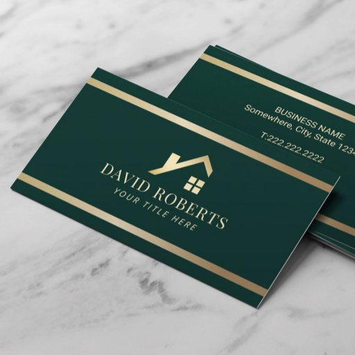 Customizable Modern Gold House Real Estate Realtor Dark Green Business Card