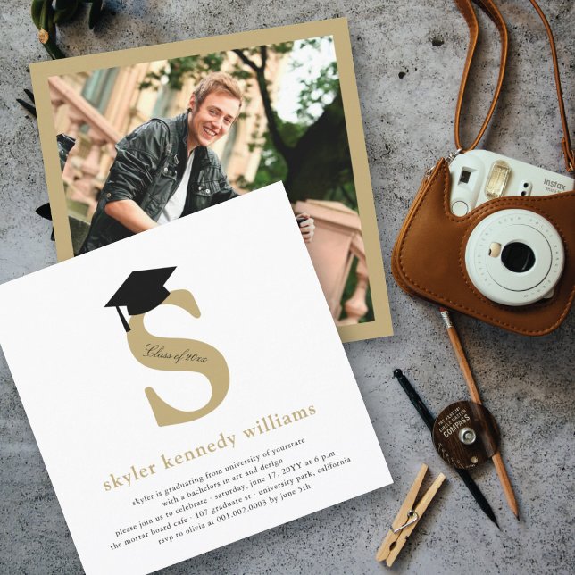 Modern Gold Initial Classic S Graduate Grad Party Invitation (Creator Uploaded)