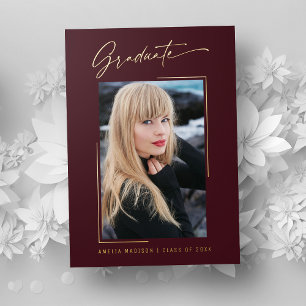 Modern Gold Ink Script Burgundy Grad Photo Card
