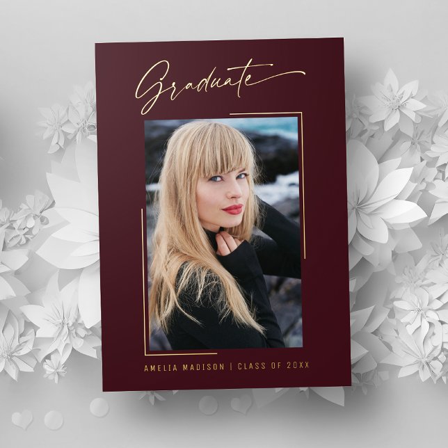 Modern Gold Ink Script Burgundy Grad Photo Card (Creator Uploaded)