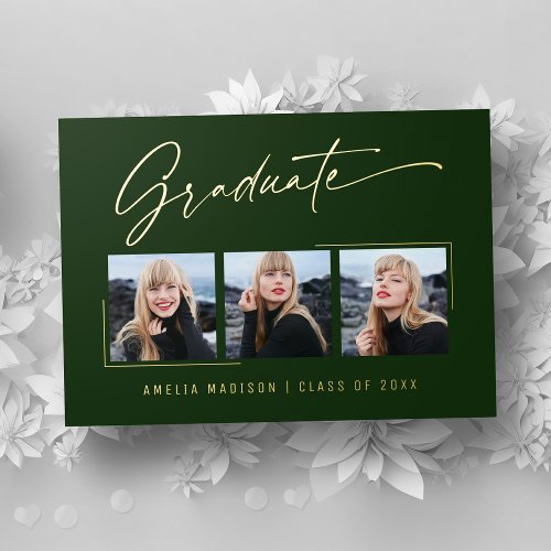 Modern Gold Ink Script Emerald Grad Photo Card