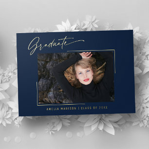 Modern Gold Ink Script Navy Blue Photo Grad Card
