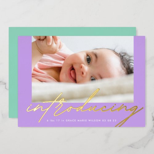 Modern Gold Introducing Written Photo Baby Foil Invitation