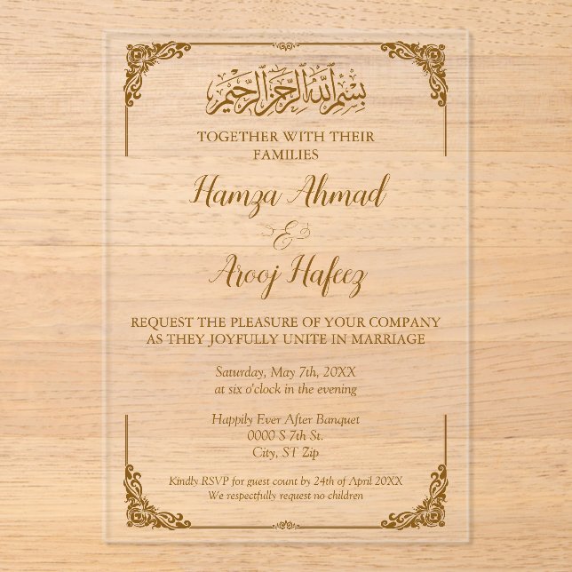 Modern Gold Islamic Muslim Wedding Acrylic Invitations (Front)
