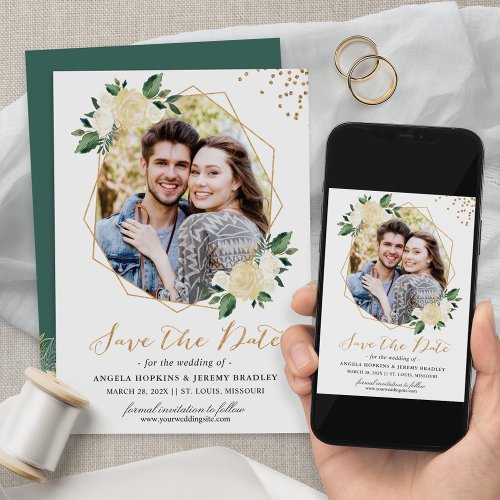 Modern Gold Ivory Green Floral Photo Save the Date