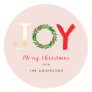 Modern Gold Joy Festive Holly Wreath Pink Classic Round Sticker