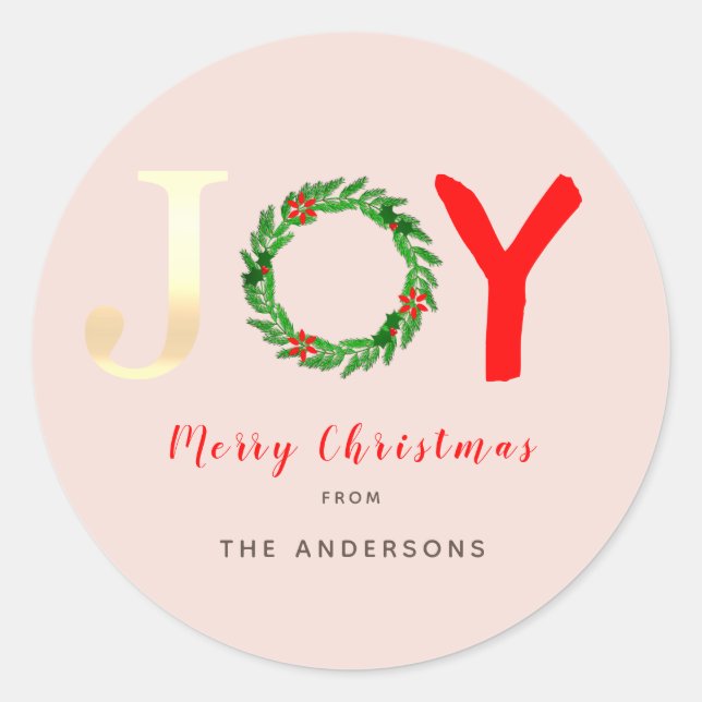 Modern Gold Joy Festive Holly Wreath Pink Classic Round Sticker (Front)