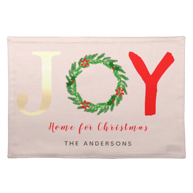 Modern Gold Joy Festive Holly Wreath Pink Cloth Placemat (Front)