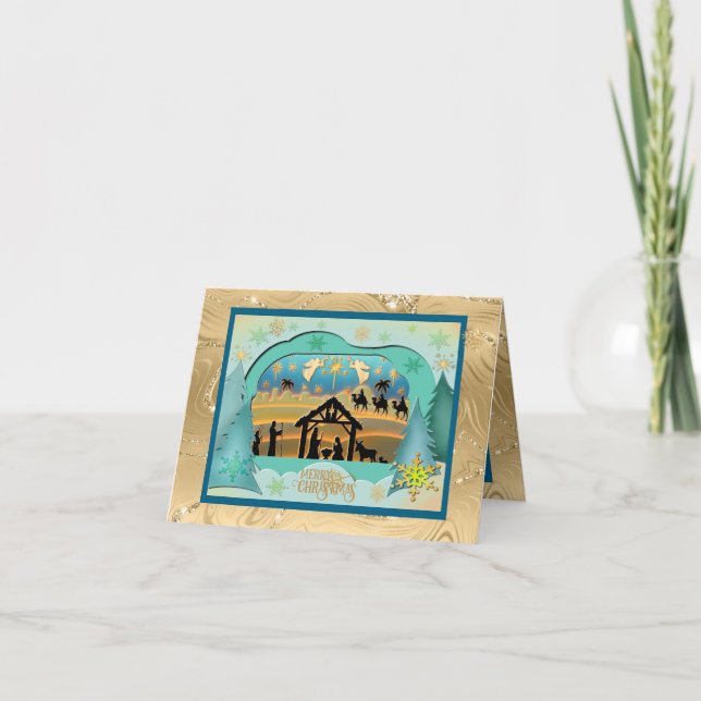 Modern Gold "JOY" Nativity Silhouette Christmas Ho Holiday Card (Front)