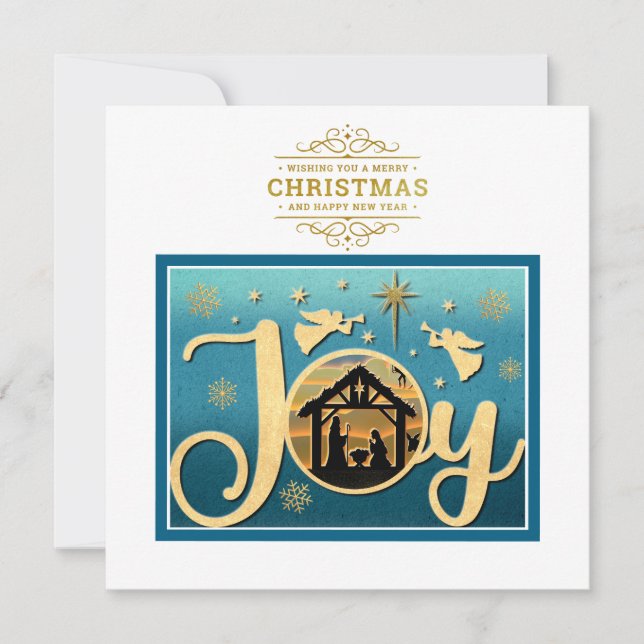 Modern Gold "JOY" Nativity Silhouette Christmas Holiday Card (Front)