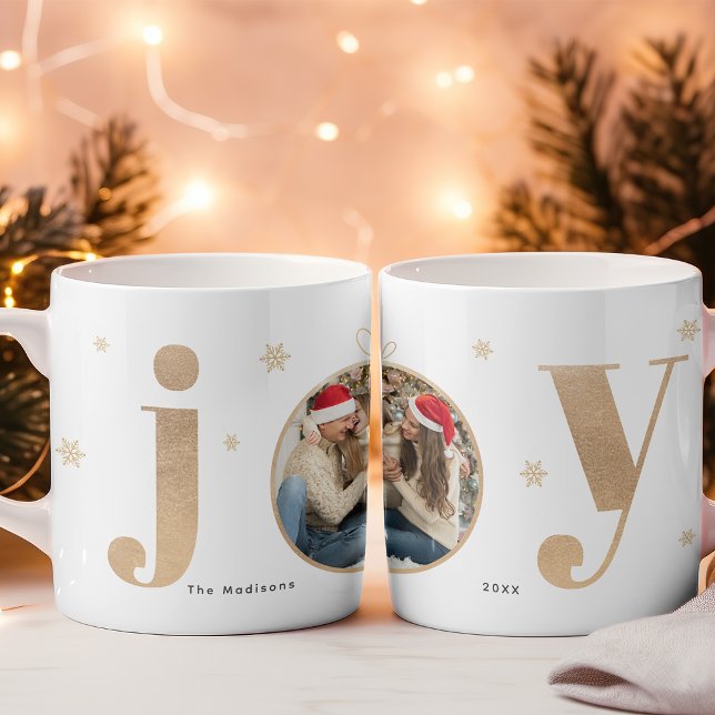 Modern Gold "Joy" Ornament Christmas Family Photo Coffee Mug (Creator Uploaded)
