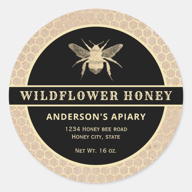 Modern gold kraft  honeybee honey jar label (Front)