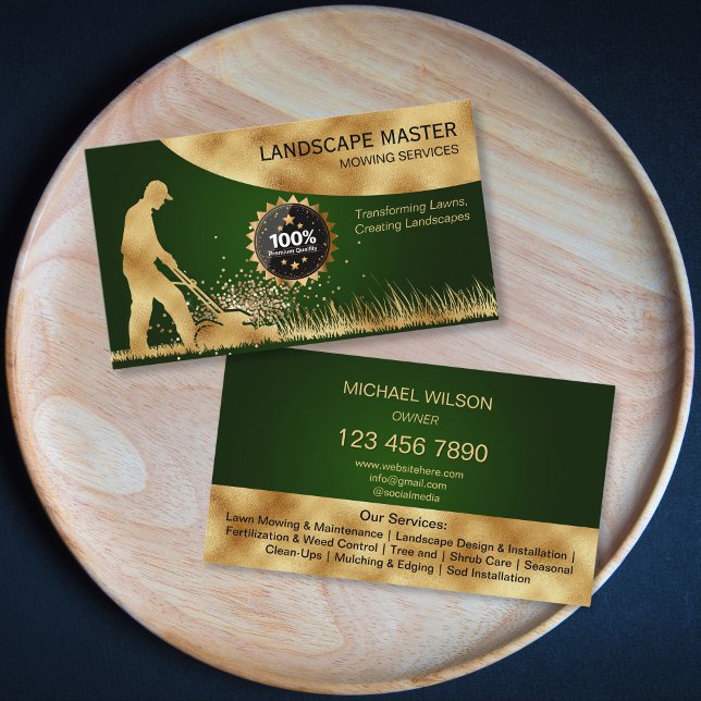 Modern Gold Landscape Lawn Care Mowing Gardening Business Card (golden mower on the black background landscaping business card)