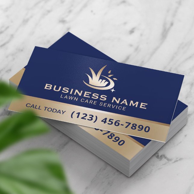 Modern Gold Lawn Care Logo Navy Blue Landscaping Business Card (Creator Uploaded)