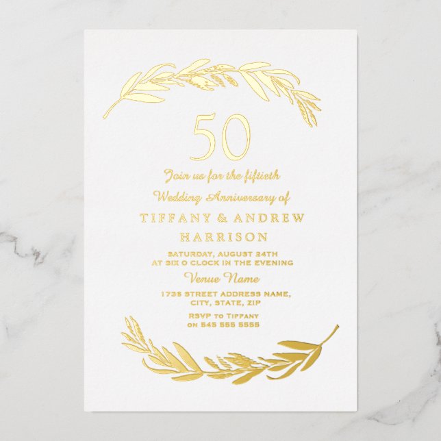 Modern Gold Leaf Foil 50th Wedding Anniversary Invitation (Front)