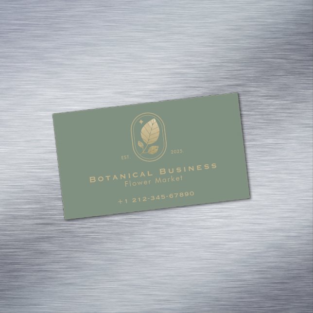 Modern Gold Leaf Minimal Botanical Green Business Card Magnet (In Situ)